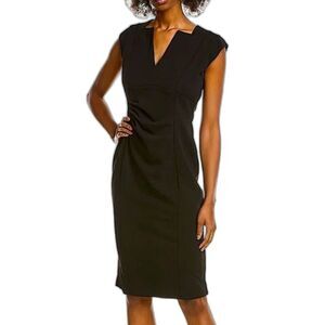 Ellen Tracy Midi Sheath Dress Size Medium Black LBD Deep V-Neck Cap Sleeves NWT